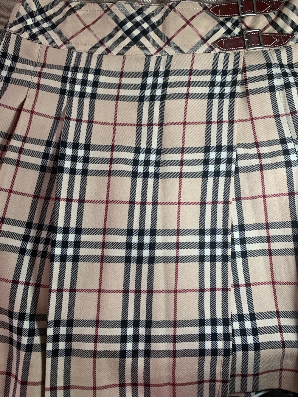 Burberry Beige Plaid Mini Skirt with Black & Red Stripes